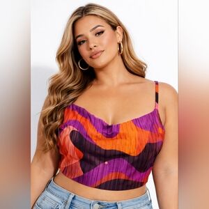 New PrettyLittleThing Top Womens 22 Pink Plus Print Plisse Strappy Cowl Neck